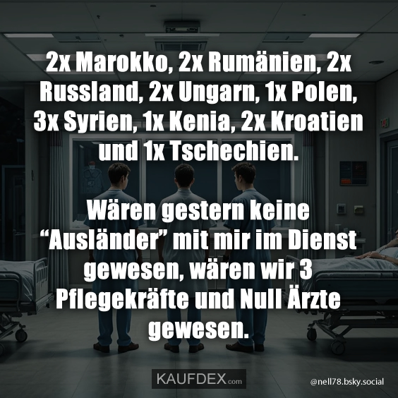 2x Marokko, 2x Rumänien, 2x Russland, 2x Ungarn, 1x Polen, 3x Syrien, 1x Kenia, 2x Kroatien und 1x Tschechien. Wären gestern keine “Ausländer” mit mir im Dienst gewesen, wären wir 3 Pflegekräfte und Null Ärzte gewesen.