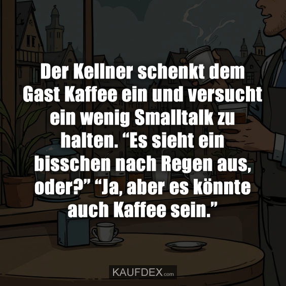 Der Kellner schenkt dem Gast Kaffee ein und versucht ein wenig Smalltalk zu halten. “Es sieht ein bisschen nach Regen aus, oder?” “Ja, aber es könnte auch Kaffee sein.”