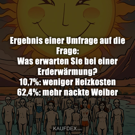 Ergebnis einer Umfrage auf die Frage: Was erwarten Sie bei einer Erderwärmung? 10,7%: weniger Heizkosten 62,4%: mehr nackte Weiber