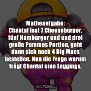 Matheaufgabe: Chantal isst 7 Cheeseburger, fünf Hamburger und und drei große Pommes Portion, geht dann sich noch 4 Big Macs bestellen. Nun die Frage warum trägt Chantal eine Leggings.
