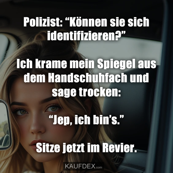 Polizist: “Können sie sich identifizieren?” Ich krame mein Spiegel aus dem Handschuhfach und sage trocken: “Jep, ich bin’s.” Sitze jetzt im Revier.