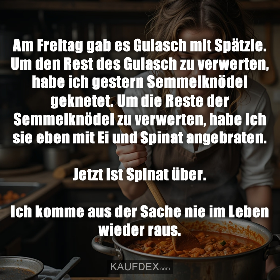 Am Freitag gab es Gulasch mit Spätzle. Um den Rest des Gulasch zu verwerten, habe ich gestern Semmelknödel geknetet. Um die Reste der Semmelknödel zu verwerten, habe ich sie eben mit Ei und Spinat angebraten. Jetzt ist Spinat über. Ich komme aus der Sache nie im Leben wieder raus.