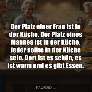 Der Platz einer Frau ist in der Küche. Der Platz eines Mannes ist in der Küche. Jeder sollte in der Küche sein. Dort ist es schön, es ist warm und es gibt Essen.