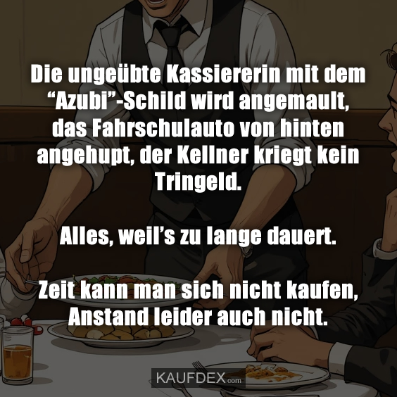Die ungeübte Kassiererin mit dem “Azubi”-Schild wird angemault, das Fahrschulauto von hinten angehupt, der Kellner kriegt kein Tringeld. Alles, weil’s zu lange dauert. Zeit kann man sich nicht kaufen, Anstand leider auch nicht.