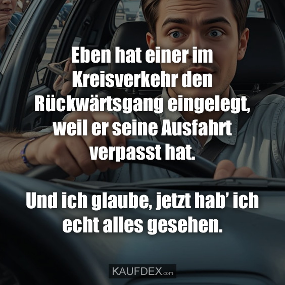 Eben hat einer im Kreisverkehr den Rückwärtsgang eingelegt, weil er seine Ausfahrt verpasst hat. Und ich glaube, jetzt hab’ ich echt alles gesehen.