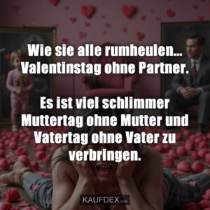 Wie sie alle rumheulen... Valentinstag ohne Partner. Es ist viel schlimmer Muttertag ohne Mutter und Vatertag ohne Vater zu verbringen.
