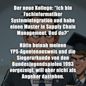 Der neue Kollege: “Ich bin Fachinformatiker Systemintegration und habe einen Master in Supply Chain Management. Und du?” Hätte beinah meinen YPS-Agentenausweis und die Siegerurkunde von den Bundesjugendspielen 1993 vorgezeigt, will aber nicht als Angeber dastehen.