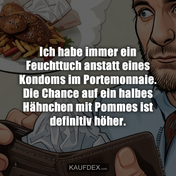 Ich habe immer ein Feuchttuch anstatt eines Kondoms im Portemonnaie. Die Chance auf ein halbes Hähnchen mit Pommes ist definitiv höher.