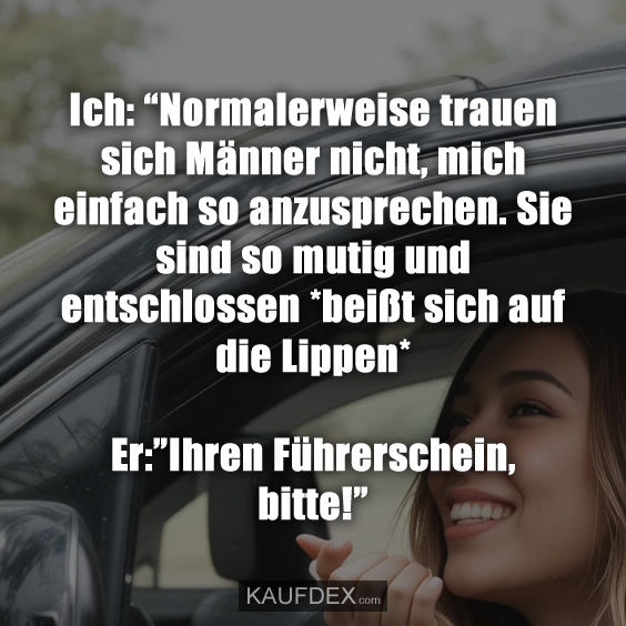 Ich: “Normalerweise trauen sich Männer nicht, mich einfach so anzusprechen. Sie sind so mutig und entschlossen *beißt sich auf die Lippen* Er:”Ihren Führerschein, bitte!”