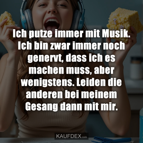 Ich putze immer mit Musik. Ich bin zwar immer noch genervt, dass ich es machen muss, aber wenigstens. Leiden die anderen bei meinem Gesang dann mit mir.