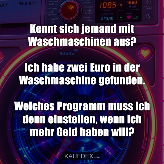 Kennt sich jemand mit Waschmaschinen aus? Ich habe zwei Euro in der Waschmaschine gefunden. Welches Programm muss ich denn einstellen, wenn ich mehr Geld haben will?