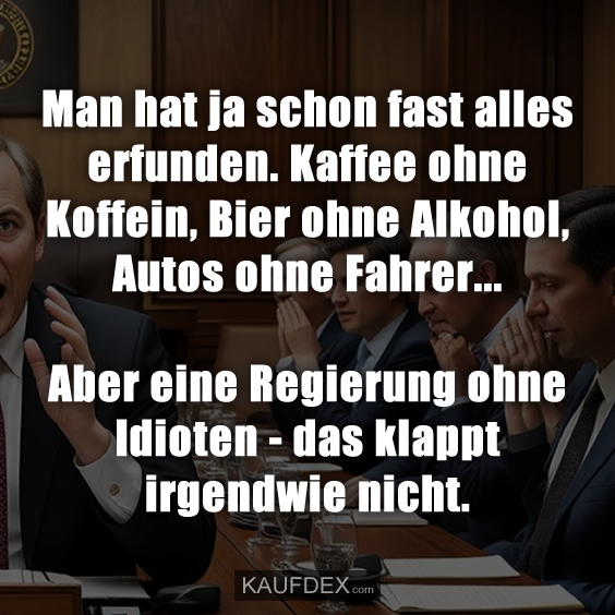 Man hat ja schon fast alles erfunden. Kaffee ohne Koffein, Bier ohne Alkohol, Autos ohne Fahrer... Aber eine Regierung ohne Idioten - das klappt irgendwie nicht.