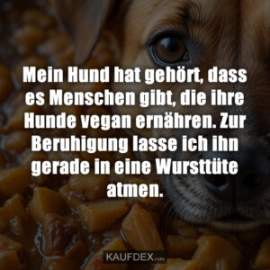 Mein Hund hat gehört, dass es Menschen gibt, die ihre Hunde vegan ernähren. Zur Beruhigung lasse ich ihn gerade in eine Wursttüte atmen.