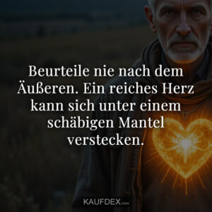 Beurteile nie nach dem Äußeren. Ein reiches Herz kann sich unter einem schäbigen Mantel verstecken.