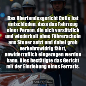 Das Oberlandesgericht Celle hat entschieden, dass das Fahrzeug einer Person, die sich vorsätzlich und wiederholt ohne Führerschein ans Steuer setzt und dabei grob verkehrswidrig fährt, unwiderruflich eingezogen werden kann. Dies bestätigte das Gericht mit der Einziehung eines Ferraris.