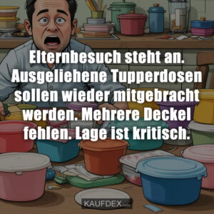 Elternbesuch steht an. Ausgeliehene Tupperdosen sollen wieder mitgebracht werden. Mehrere Deckel fehlen. Lage ist kritisch.