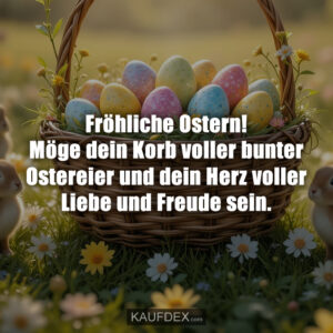 Fröhliche Ostern! Möge dein Korb voller bunter Ostereier und dein Herz voller Liebe und Freude sein.