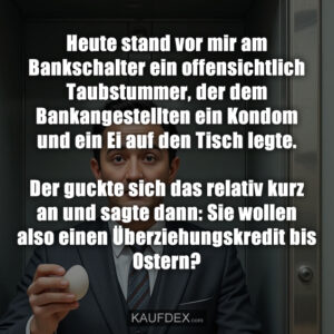 Heute stand vor mir am Bankschalter ein offensichtlich Taubstummer, der dem Bankangestellten ein Kondom und ein Ei auf den Tisch legte. Der guckte sich das relativ kurz an und sagte dann: Sie wollen also einen Überziehungskredit bis Ostern?