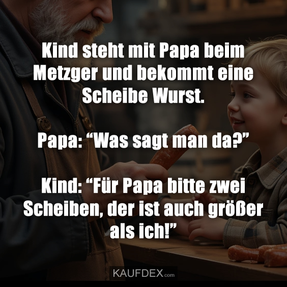Kind steht mit Papa beim Metzger und bekommt eine Scheibe Wurst. Papa: “Was sagt man da?” Kind: “Für Papa bitte zwei Scheiben, der ist auch größer als ich!”