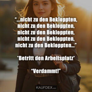 “...nicht zu den Bekloppten, nicht zu den Bekloppten, nicht zu den Bekloppten, nicht zu den Bekloppten, nicht zu den Bekloppten...” *Betritt den Arbeitsplatz* “Verdammt!”