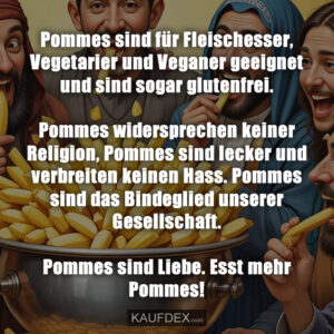 Pommes sind für Fleischesser, Vegetarier und Veganer geeignet und sind sogar glutenfrei. Pommes widersprechen keiner Religion, Pommes sind lecker und verbreiten keinen Hass. Pommes sind das Bindeglied unserer Gesellschaft. Pommes sind Liebe. Esst mehr Pommes!