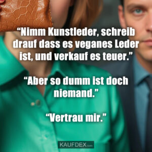 “Nimm Kunstleder, schreib drauf dass es veganes Leder ist, und verkauf es teuer.” “Aber so dumm ist doch niemand.” “Vertrau mir.”