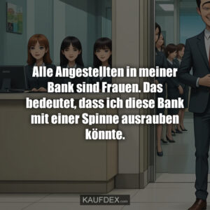 Alle Angestellten in meiner Bank sind Frauen. Das bedeutet, dass ich diese Bank mit einer Spinne ausrauben könnte.