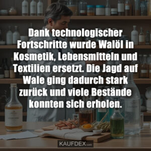 Dank technologischer Fortschritte wurde Walöl in Kosmetik, Lebensmitteln und Textilien ersetzt. Die Jagd auf Wale ging dadurch stark zurück und viele Bestände konnten sich erholen.