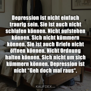 Depression ist nicht einfach traurig sein. Sie ist auch nicht schlafen können. Nicht aufstehen können. Sich nicht kümmern können. Sie ist auch Briefe nicht öffnen können. Nicht Ordnung halten können. Sich nicht um sich kümmern können. Depression ist nicht “Geh doch mal raus“.