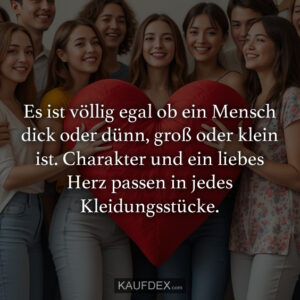 Es ist völlig egal ob ein Mensch dick oder dünn, groß oder klein ist. Charakter und ein liebes Herz passen in jedes Kleidungsstücke.