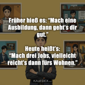 Früher hieß es: “Mach eine Ausbildung, dann geht’s dir gut.” Heute heißt’s: “Mach drei Jobs, vielleicht reicht’s dann fürs Wohnen.”