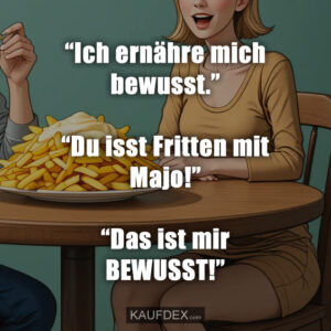 “Ich ernähre mich bewusst.” “Du isst Fritten mit Majo!” “Das ist mir BEWUSST!”