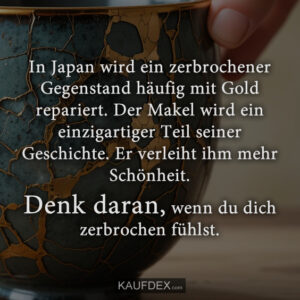 In Japan wird ein zerbrochener Gegenstand häufig mit Gold repariert. Der Makel wird ein einzigartiger Teil seiner Geschichte. Er verleiht ihm mehr Schönheit. Denk daran, wenn du dich zerbrochen fühlst.