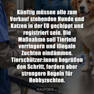 Künftig müssen alle zum Verkauf stehenden Hunde und Katzen in der EU gechippt und registriert sein. Die Maßnahme soll Tierleid verringern und illegale Zuchten eindämmen. Tierschützer:innen begrüßen den Schritt, fordern aber strengere Regeln für Hobbyzuchten.