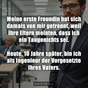 Meine erste Freundin hat sich damals von mir getrennt, weil ihre Eltern meinten, dass ich ein Taugenichts sei. Heute, 10 Jahre später, bin ich als Ingenieur der Vorgesetzte ihres Vaters.