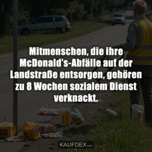 Mitmenschen, die ihre McDonald’s-Abfälle auf der Landstraße entsorgen, gehören zu 8 Wochen sozialem Dienst verknackt.