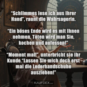 “Schlimmes lese ich aus Ihrer Hand”, raunt die Wahrsagerin. “Ein böses Ende wird es mit Ihnen nehmen. Töten wird man Sie, kochen und aufessen!” “Moment mal!”, unterbricht sie ihr Kunde.“Lassen Sie mich doch erst mal die Lederhandschuhe ausziehen!”