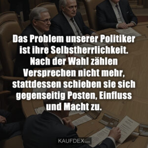Das Problem unserer Politiker ist ihre Selbstherrlichkeit. Nach der Wahl zählen Versprechen nicht mehr, stattdessen schieben sie sich gegenseitig Posten, Einfluss und Macht zu.