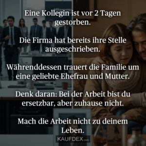 Eine Kollegin ist vor 2 Tagen gestorben. Die Firma hat bereits ihre Stelle ausgeschrieben. Währenddessen trauert die Familie um eine geliebte Ehefrau und Mutter. Denk daran: Bei der Arbeit bist du ersetzbar, aber zuhause nicht. Mach die Arbeit nicht zu deinem Leben.