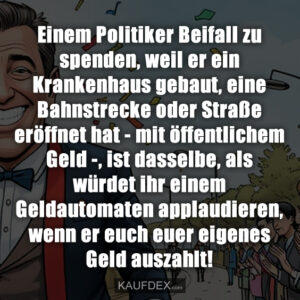 Einem Politiker Beifall zu spenden, weil er ein Krankenhaus gebaut, eine Bahnstrecke oder Straße eröffnet hat - mit öffentlichem Geld -, ist dasselbe, als würdet ihr einem Geldautomaten applaudieren, wenn er euch euer eigenes Geld auszahlt!