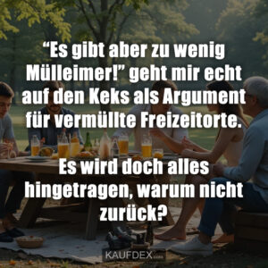 “Es gibt aber zu wenig Mülleimer!” geht mir echt auf den Keks als Argument für vermüllte Freizeitorte. Es wird doch alles hingetragen, warum nicht zurück?