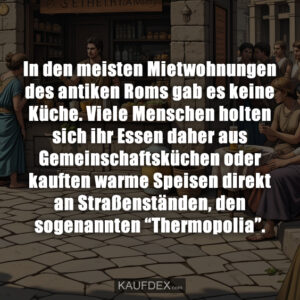 In den meisten Mietwohnungen des antiken Roms gab es keine Küche. Viele Menschen holten sich ihr Essen daher aus Gemeinschaftsküchen oder kauften warme Speisen direkt an Straßenständen, den sogenannten “Thermopolia”.
