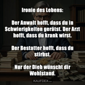 Ironie des Lebens: Der Anwalt hofft, dass du in Schwierigkeiten gerätst. Der Arzt hofft, dass du krank wirst. Der Bestatter hofft, dass du stirbst. Nur der Dieb wünscht dir Wohlstand.