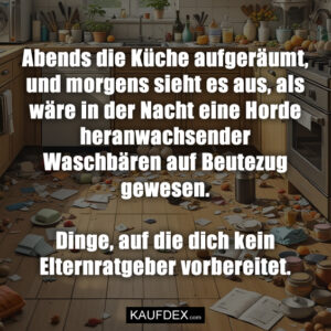 Abends die Küche aufgeräumt, und morgens sieht es aus, als wäre in der Nacht eine Horde heranwachsender Waschbären auf Beutezug gewesen. Dinge, auf die dich kein Elternratgeber vorbereitet.