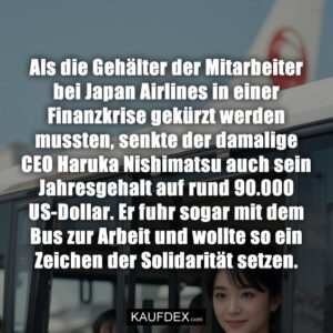Als die Gehälter der Mitarbeiter bei Japan Airlines in einer Finanzkrise gekürzt werden mussten, senkte der damalige CEO Haruka Nishimatsu auch sein Jahresgehalt auf rund 90.000 US-Dollar. Er fuhr sogar mit dem Bus zur Arbeit und wollte so ein Zeichen der Solidarität setzen.