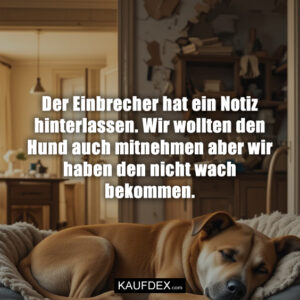 Der Einbrecher hat ein Notiz hinterlassen. Wir wollten den Hund auch mitnehmen aber wir haben den nicht wach bekommen.