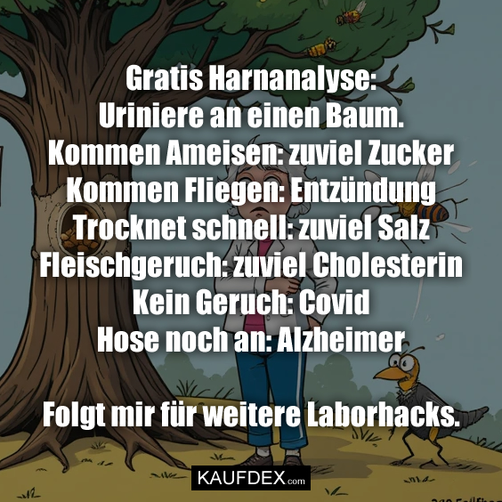 Gratis Harnanalyse: Uriniere an einen Baum. Kommen Ameisen: zuviel Zucker Kommen Fliegen: Entzündung Trocknet schnell: zuviel Salz Fleischgeruch: zuviel Cholesterin Kein Geruch: Covid Hose noch an: Alzheimer Folgt mir für weitere Laborhacks.