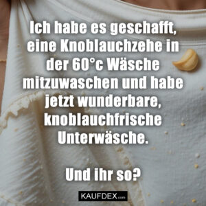 Ich habe es geschafft, eine Knoblauchzehe in der 60°c Wäsche mitzuwaschen und habe jetzt wunderbare, knoblauchfrische Unterwäsche. Und ihr so?