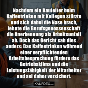 Nachdem ein Bauleiter beim Kaffeetrinken mit Kollegen stürzte und sich dabei die Nase brach, lehnte die Berufsgenossenschaft die Anerkennung als Arbeitsunfall ab. Doch das Gericht sah dies anders: Das Kaffeetrinken während einer verpflichtenden Arbeitsbesprechung fördere das Betriebsklima und die Leistungsfähigkeit der Mitarbeiter und sei daher versichert.