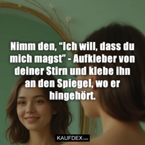 Nimm den, “Ich will, dass du mich magst” - Aufkleber von deiner Stirn und klebe ihn an den Spiegel, wo er hingehört.